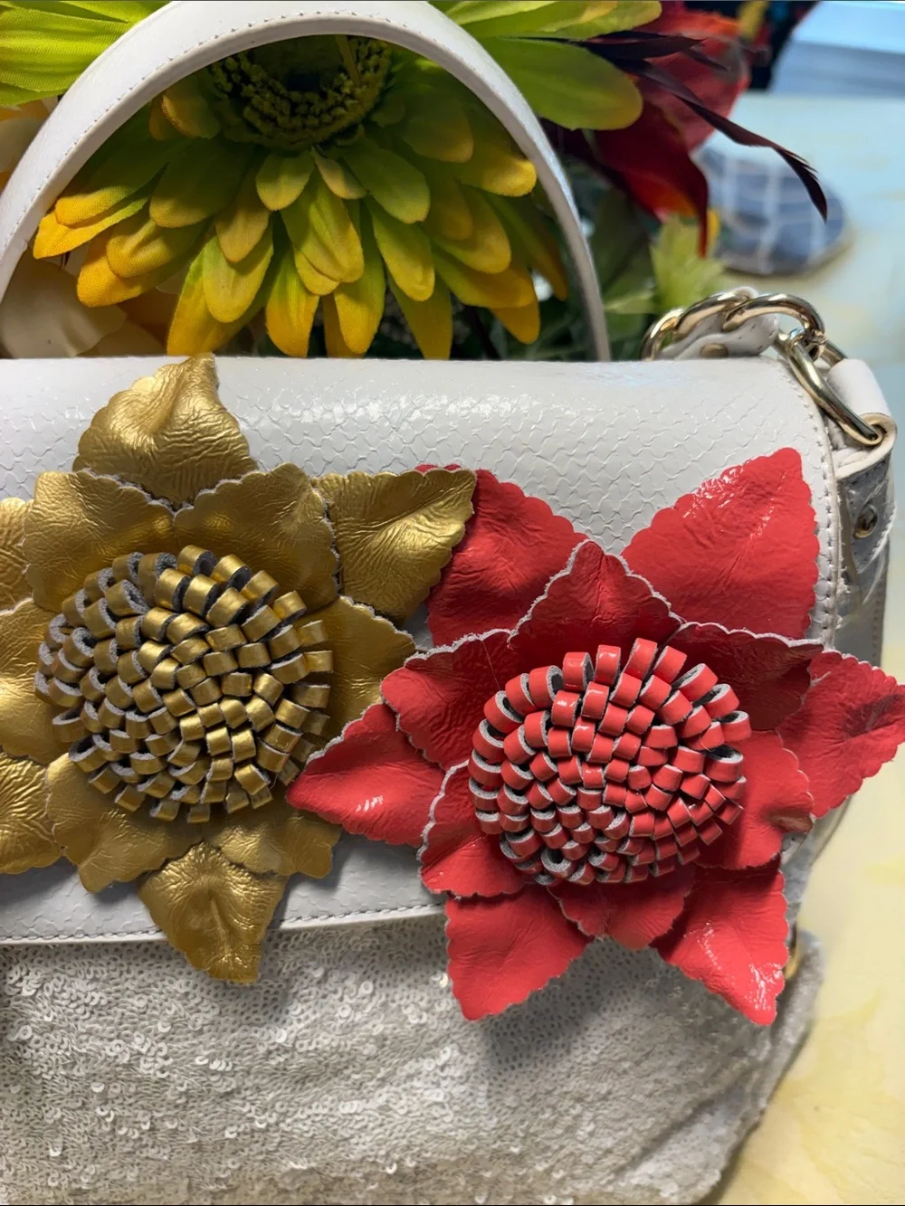 Sharif White Satchel with Pink, Gold and Red Floral Accents